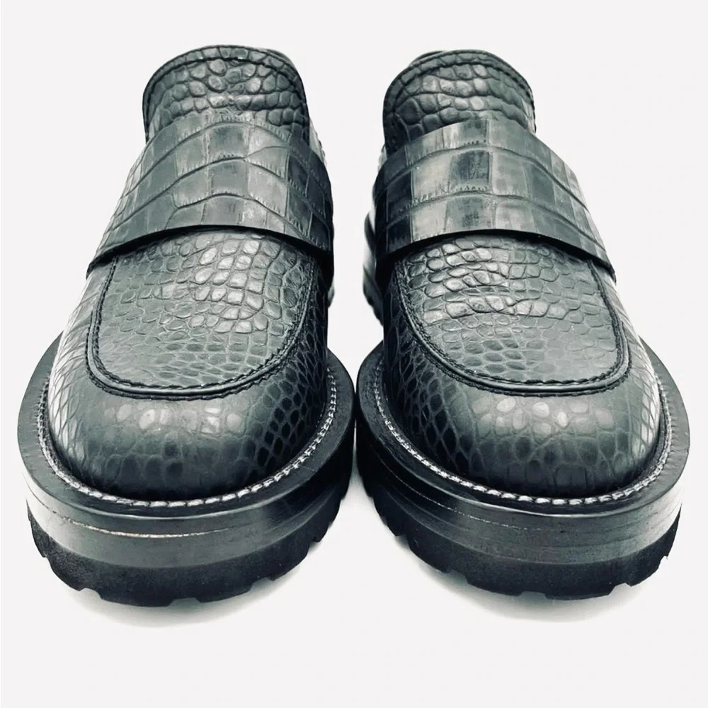 Marni Teal Croc-Effect Embossed Leather Platform Loafers | Lug Sole EU 38 / US 8 - Picture 4 of 11